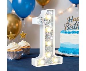 HEYCOLOR Silver Glitter Light up Numbers,8.86 Inch Marquee Number Lights for Baby Shower Birthday Wedding Anniversary Party Home Wall Decorations, Lighted Numbers as Gift for Girls Daughter, Number 1