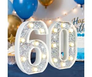 HEYCOLOR Silver Glitter Light up Numbers,8.86 Inch Marquee Number Lights for Baby Shower Birthday Wedding Anniversary Party Home Wall Decorations, Lighted Numbers as Gift for Girls Daughter, Number 60