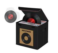 HEYCOOK Vinyl Record Storage Box, Stackable & Collapsible LP Storage Boxes Hold Up To 90 12-Inch Records, Sealed & Dust-Proof for Valuable Album Collection, 35.5 x 33 x 33 cm (Black with Brown Trim)