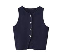 HEYDHSDC Knitted Crop Top Women Vest Cropped Waistcoat Front Buttons Sleeveless Vests Navy Blue S