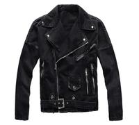 HEYDHSDC Men'S Zippers Black Biker Jean Jacket Streetwear Thick Denim Slim Coat With Belt Black Xl