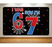Heyfary Funny 6 7 Meme Spider Web Photo Booth Backdrop I was 6 Now I'm 7 Year Old Boy Kids 7th Birthday Party Decoration Background Banner Wall Decor (Spider Web, 3.6×5.9ft)
