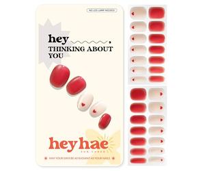 Heyhae Semi Cured Gel Nail Strips | No LED Lamp Needed | Solid, Red | Easy Apply & Remove, Salon Quality | Includes 28 Strips, 1 Prep Pads, Nail File & Wooden Stick - Hey, Thinking About You