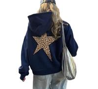 heyheyshine Star Graphic Hoodies Oversized Y2k Leopard Print Hooded Sweatshirt Cheetah Hoodie Streetwear Unisex Pullover Tops, Blue, S