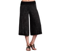 HeyHun Women's Solid Tie Dye Wide Leg Flared Capri Boho Gaucho Pants w/ Lace Detail - Black -