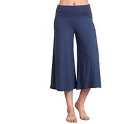 HEYHUN Women's Solid Tie Dye Wide Leg Flared Capri Boho Gaucho Pants w/Lace Detail S-3XL - Blue - S