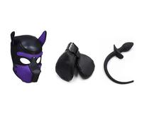 HeYie Fetish SM Slave Puppy Roleplay Fantasy Bondage Kit, Anal Plug with Dog Tail Pointed Grand Butt Plug + Hood Mask + Mittens Paw Gloves for Couple Flirting Toy Bondage Kit (Color : Purple, Size :