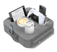 Heyife Couch Cup Holder Pillow with L-Shaped Tablet Slot, Sofa Cup Holder Tray for iPad, Kindle, Switch, Phone & Drink Holder, Non-Slip Couch Organiser for Sofa, Bed, Desk, Ash Grey