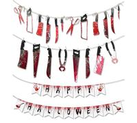 Heyigrow Halloween Bloody Weapon Knife Banner, 38 Pcs Horror Spooky Garland Decorations for Door Wall Ceiling Hunted House