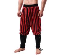 Heyigrow Mens Pirate Pants Medieval Viking Costume, Renaissance Lace-up Ankle Banded Trousers Cotton Linen Cosplay Outfits, Black&red Stripe, L