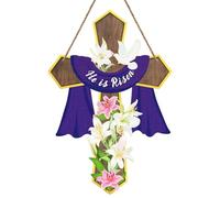 HEYINSHEN Easter Cross Door Sign He Is Risen Easter Decoration Easter Cross Sign for Front Door Hanging Cross Door Wreath Easter Wreaths Jesus Lily Flowers Ornaments for Farmhouse Porch Wall Decor