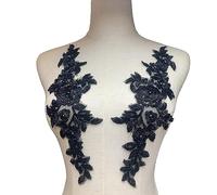 Heyiwell 1 Pair 3D Navy Blue Handmade Beaded Embroidery Lace Flower Applique,Embroidery Floral Beaded Lace Appliques Patches for Sewing,Bridal Wedding Dress Clothing Decor 32 x10mm