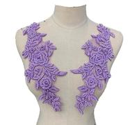 Heyiwell 1 Pair 3D Purple Handmade Beaded Embroidery Lace Flower Applique,Embroidery Floral Beaded Lace Appliques Patches for Sewing,Bridal Wedding Dress Clothing Decor 32 x10mm