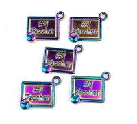 Heyiwell 5PC Rainbow Color Stainless Steel School #1 Teacher Charms Pendants for Bracelet,Necklace,Earrings DIY Jewelry Making 17x20mm