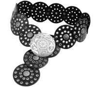 Heyjoin Hollow Wide Disc Belt for Women Out Round Leather Metal Buckle Belt Soft Durable Vintage Western Waist Belts (Silver Black A-M)