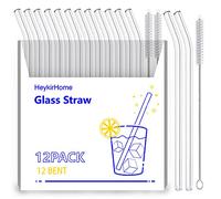 HeykirHome 12-Pack Reusable Glass Straws,Size 8''x10 MM,Including12 Bent with 2 Cleaning Brush- Perfect For Smoothies, Tea, Juice