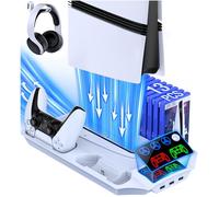 HEYLICOOL Accessories for PS5/Pro/Slim Stand with 3 Level Cooling Fan, Dual Fast Controller Charging Station-Accessories for Playstation 5 with 3 USB Hubs &13 Game Storage