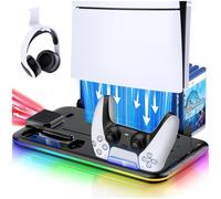 HEYLICOOL PS5/Slim/Pro Cooling Stand for PlayStation 5 Disc/Digital with RGB Light,Accessories Dual Controller Charger Station with 3 Levels Cooling Fan, Headset Holder,15 Game Slots