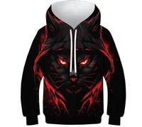 HEYLInUP Red And Black Cat Unisex Teen Boys Girls 3D Printed Hoodies Kids Sweatshirt Funny Pullover Funny Clothes Long Sleeve with Pockets for 6-15 Years 11-13Y