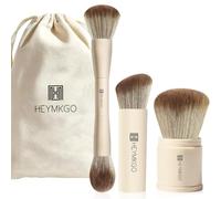 HEYMKGO 3Pcs Face Brush, Dual-Ended Foundation Brush, Retractable Kabuki Brush, Angled Blusher Brush - Makeup Brush Set with Storage Bag for Liquid, Cream & Powder - Buffing Blending (Apricot)