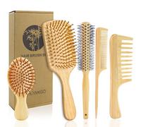 HEYMKGO Bamboo Hair Brush Set, Hairbrush 5PCS for Long Short Curly Thick Thin Hair-Natural Paddle Hair Brush with Scalp Massage Eco-Friendly Bamboo Comb for All Hair Types,No More Tangle
