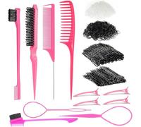 HEYMKGO Hair Styling Comb Set 5Pcs Slick Back Hair Brush Set Rat Tail Comb Edges Brush Wide ToothComb 2Pcs Topsy Tail Hair Tool 4Pcs Hair Clips For Styling Bobby Pins Black Clear Elastic Hair Bands