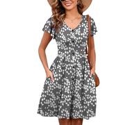 Heymoments Women Summer Dress Grey Sakura Large Ruffle Sleeve V Neck Casual Cute Loose Sundress Comfy Swing Button Down Midi Work Flowy Tunic Ladies Beach Vacation Teacher Dresses with Pockets