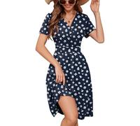 Heymoments Women's Summer Comfy Swing Sundress Flower Bud 2X-Large Short Sleeve Casual Midi Dress Empire Waist Wrap V Neck A-Line Classy Beach Vacation Teacher Dresses with Pockets