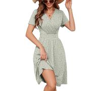 Heymoments Women's Summer Comfy Swing Sundress Spots Medium Short Sleeve Casual Midi Dress Empire Waist Wrap V Neck A-Line Classy Beach Vacation Teacher Dresses with Pockets