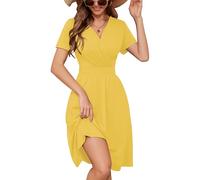 Heymoments Women's Summer Comfy Swing Sundress Yellow Large Short Sleeve Casual Midi Dress Empire Waist Wrap V Neck A-Line Classy Beach Vacation Teacher Dresses with Pockets