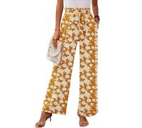 Heymoments Women's Wide Leg Lounge Pants with Pockets White Flower Yellow Small Lightweight High Waisted Adjustable Tie Knot Loose Comfy Casual Trousers