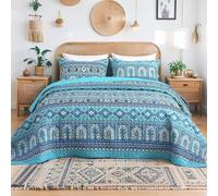 Heymybed Boho Quilt Set King Size, Bohemian Striped Bedspread Coverlet Set, 3 Pieces Lightweight Soft Microfiber Reversible Teal Quilt Bedding Set for All Season 106"×92"
