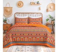Heymybed Boho Quilt Set Queen Size, Bohemian Striped Bedspread Coverlet, 3 Pieces Lightweight Soft Microfiber Reversible Orange Quilt Bedding Set for All Season 96"×90"