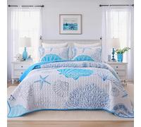 Heymybed Coastal Quilt Set Beach Coverlet Blue Starfish Coral Seashell Bedspread Ocean Beach Themed Bed Cover Microfiber Soft Lightweight Bedding Sets for All Seasons (106"×92")
