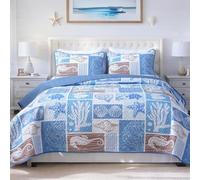 Heymybed Coastal Quilt Set King Size, Beach Coverlet Blue Starfish Coral Seashell Bedspread, Ocean Beach Themed Bed Cover, Microfiber Soft Lightweight Bedding Sets for All Seasons (106"×92")