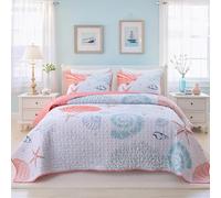 Heymybed Coastal Quilt Set King Size Beach Coverlet Pink Starfish Coral Seashell Bedspread Ocean Beach Themed Bed Cover Microfiber Soft Lightweight Bedding Sets for All Seasons (106"×92")