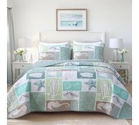 Heymybed Coastal Quilt Set King Size, Beach Coverlet Sage Green Starfish Coral Seashell Bedspread, Ocean Beach Themed Bed Cover, Microfiber Soft Lightweight Bedding Sets for All Seasons (106"×92")