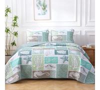 Heymybed Coastal Quilt Set King Size, Beach Coverlet Sage Green Starfish Coral Seashell Bedspread, Ocean Beach Themed Bed Cover, Microfiber Soft Lightweight Bedding Sets for All Seasons (106"×92")