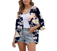 Heynino Kimono Cardigans for Women Open Front Boho Chiffon Floral Wrap Shawl Tops Davy Blue S