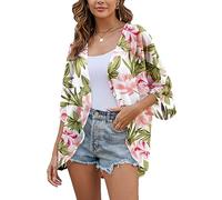 Heynino Womens Floral Print Chiffon Shawl Short Tops 3/4 Sleeve Boho Tropical Beach Dress Cover Up 2XL