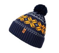 HEYO Women's and Men's Norwegian Pattern Bobble Hat, Unisex Winter Hat, Thick Lined Warm, Navy-yellow, Size 7 3/8