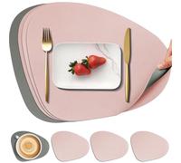 HEYOMART Leather Table Mats and Coasters Set of 4, Placemat Round PU Waterproof Dual-Sided Kitchen Place Mats Non-Slip Washable Placemats and Coaster, Grey Pink