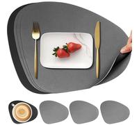 HEYOMART Leather Table Mats and Coasters Sets of 4, Placemat Round PU Waterproof Dual-Sided Kitchen Place Mats Non-Slip Washable Placemats and Coaster, Grey Black