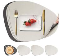 HEYOMART Leather Table Mats and Coasters Sets of 4, Placemat Round PU Waterproof Dual-Sided Kitchen Place Mats Non-Slip Washable Placemats and Coaster, Grey White
