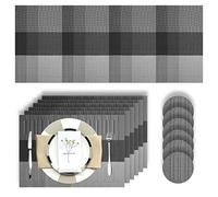 HEYOMART Placemats Table Mats 13 Piece Set with 6 x Placemats + 6 x Coasters + 1 x Long Table Mat Anti Slip Place Mats and Coaster Sets for Home & Restaurant, Grey & Black