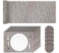 HEYOMART Placemats Table Mats 13 Piece Set with 6 x Placemats + 6 x Coasters + 1 x Long Table Mat Anti Slip Place Mats and Coaster Sets for Home & Restaurant, Grey