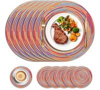 HEYOMART Round Placemats and Coasters Set of 6, 34cm Braided Woven Place Mats Washable Table Mats and Coasters Sets Heat Resistant Table Mats for Kitchen Dining Table Home Restaurant, Rainbow Red