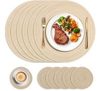 HEYOMART Round Placemats and Coasters Set of 6, 34cm Round Braided Woven Place Mats Washable Table Mats and Coasters Sets Heat Resistant Table Mats for Kitchen Dining Table Home Restaurant, Beige