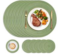 HEYOMART Round Placemats and Coasters Set of 6, 34cm Round Braided Woven Place Mats Washable Table Mats and Coasters Sets Heat Resistant Table Mats for Kitchen Dining Table Home Restaurant, Green