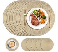 HEYOMART Round Placemats and Coasters Set of 6, Christmas Table Mats Glitter Bling Heat Resistant, 34cm Gold Braided Woven Place Mats Washable for Kitchen Dining Table, Party, Wedding